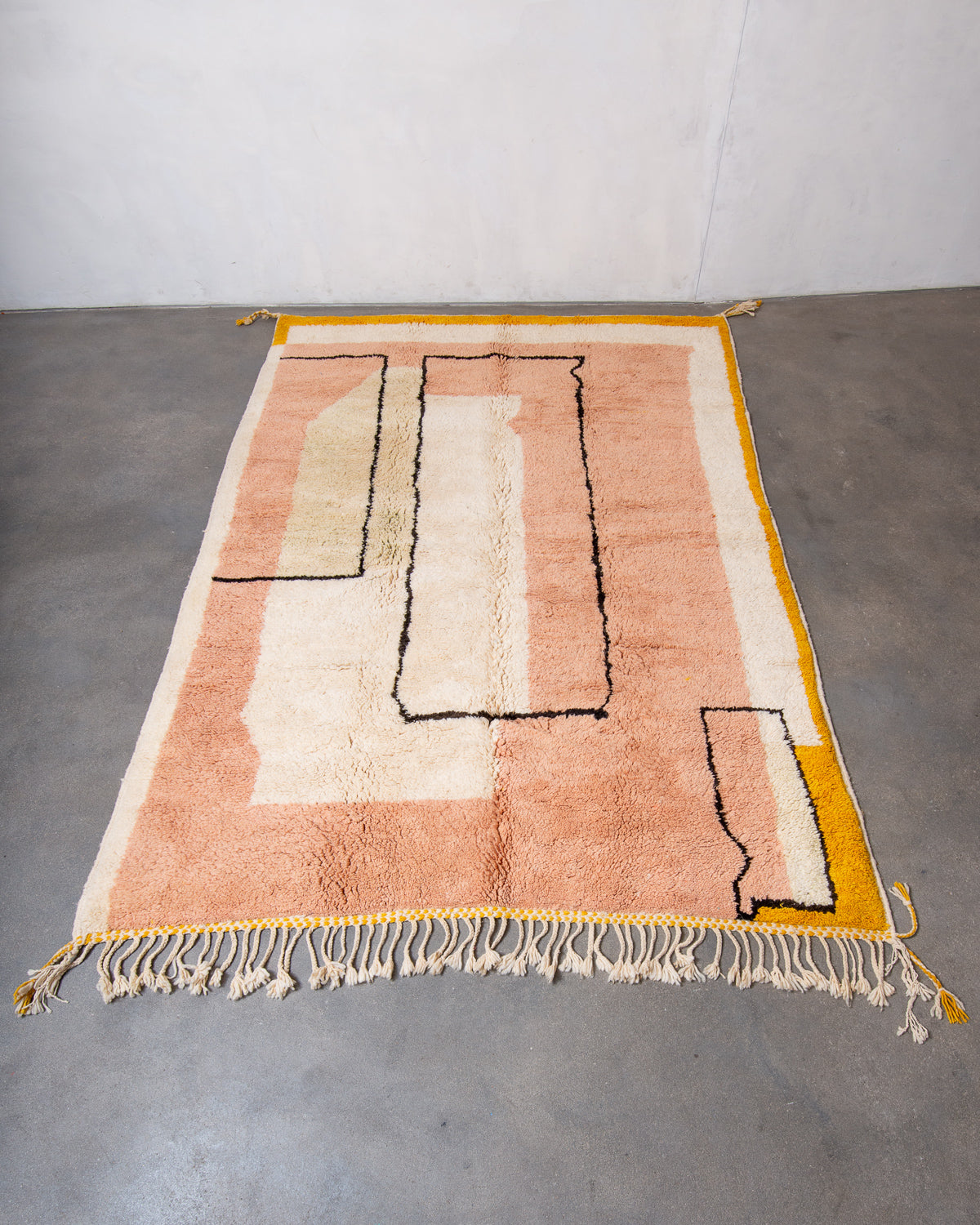 Modern, designer, handcrafted Berber rug from Morocco. Beniourain carpet with beautiful colours and patterns and fluffy wool texture.